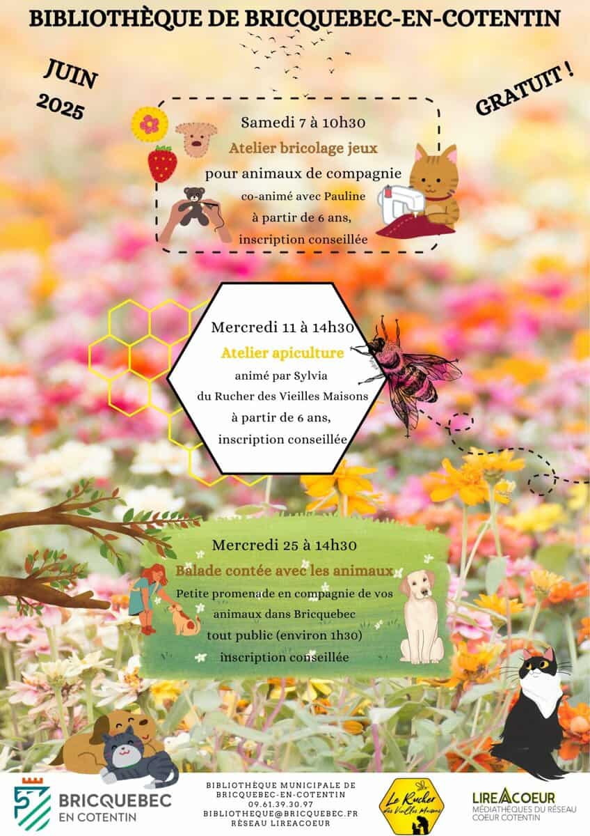 affiche animation animaux juin 2025 bibliothèque de Bricquebec-en-Cotentin